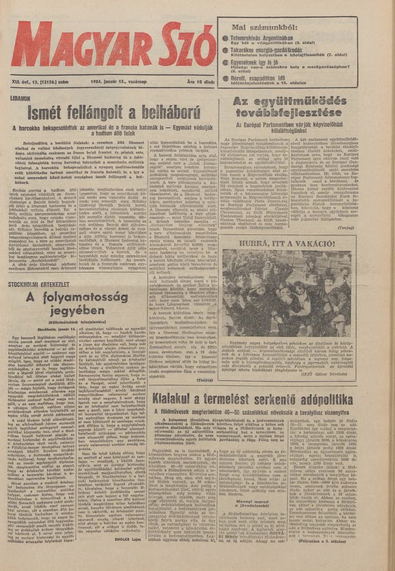 Magyar Szó, 41. évf. 1984. január 15. 13. sz. 1–28. oldal