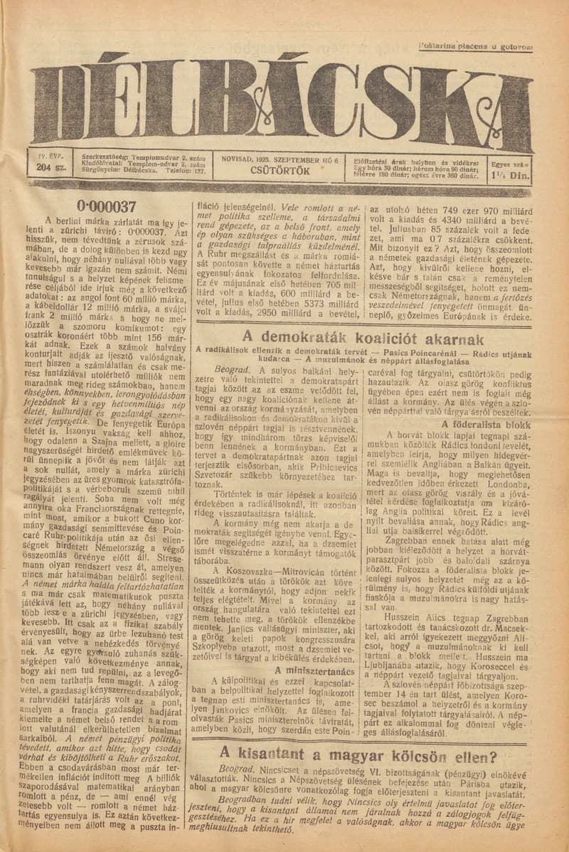Délbácska, 4. évf. 1923. szeptember 6. 204. sz.