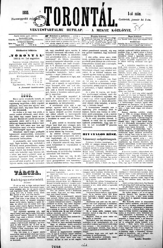 Torontál, 14. évf. 1885. január 1. 1. sz.
