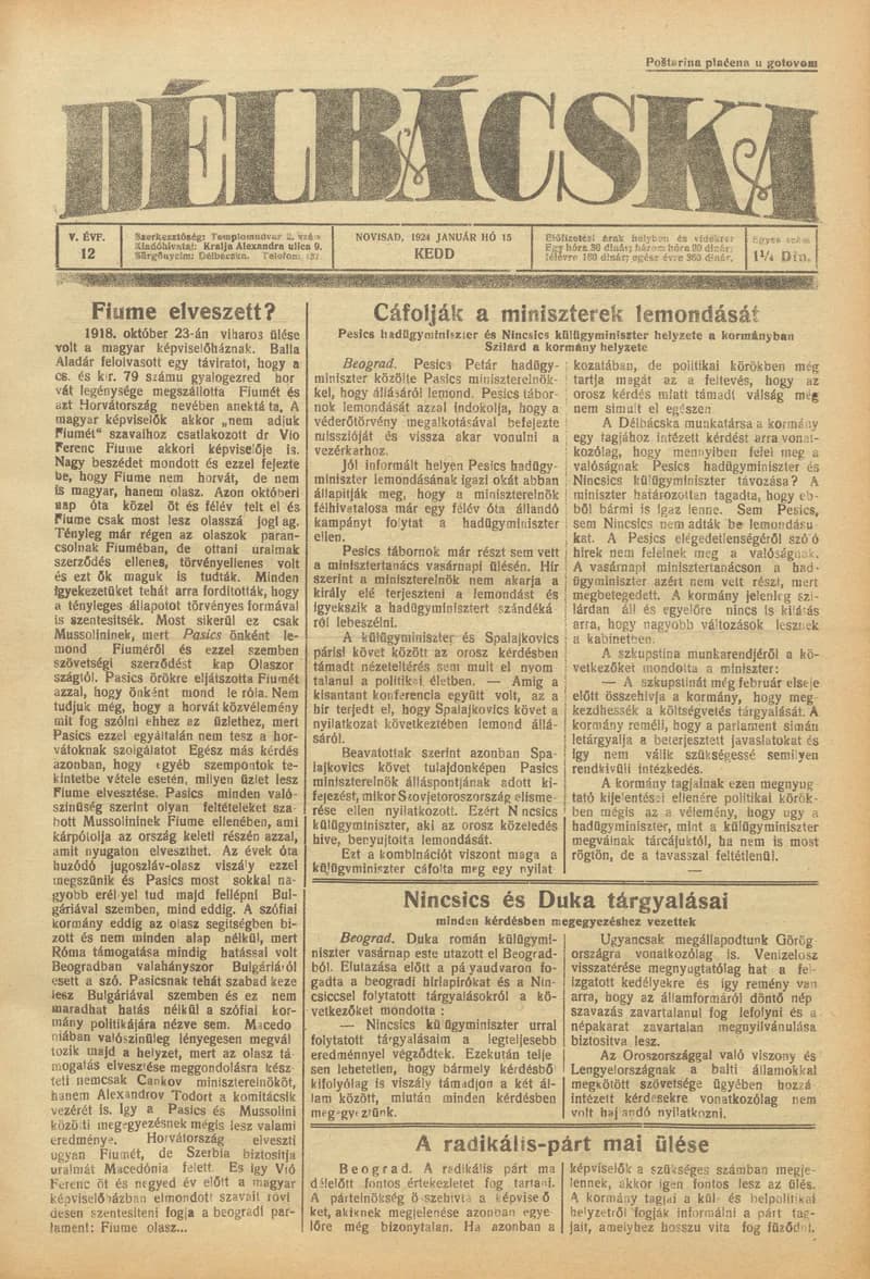 Délbácska, 5. évf. 1924. január 15. 12. sz.