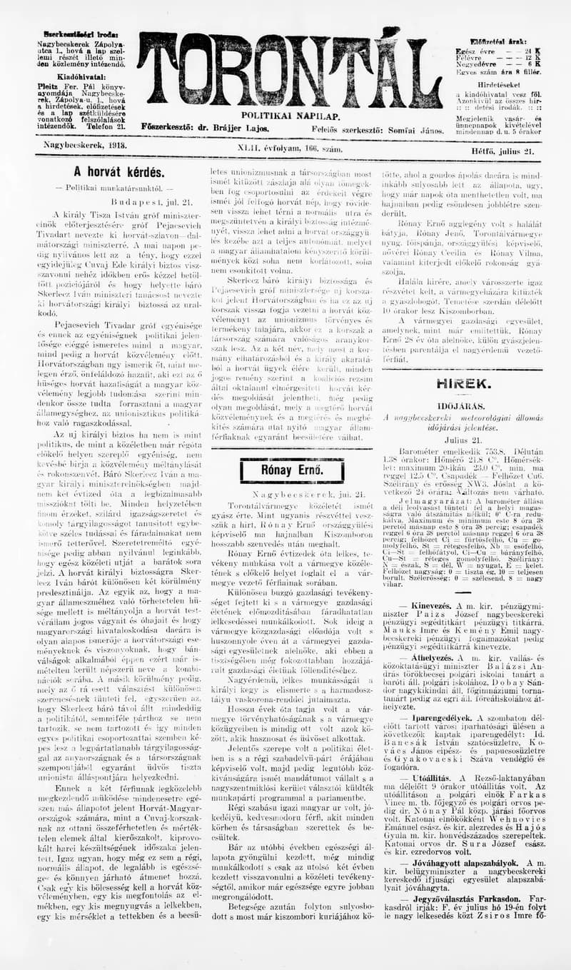 Torontál, 42. évf. 1913. július 21. 166. sz.