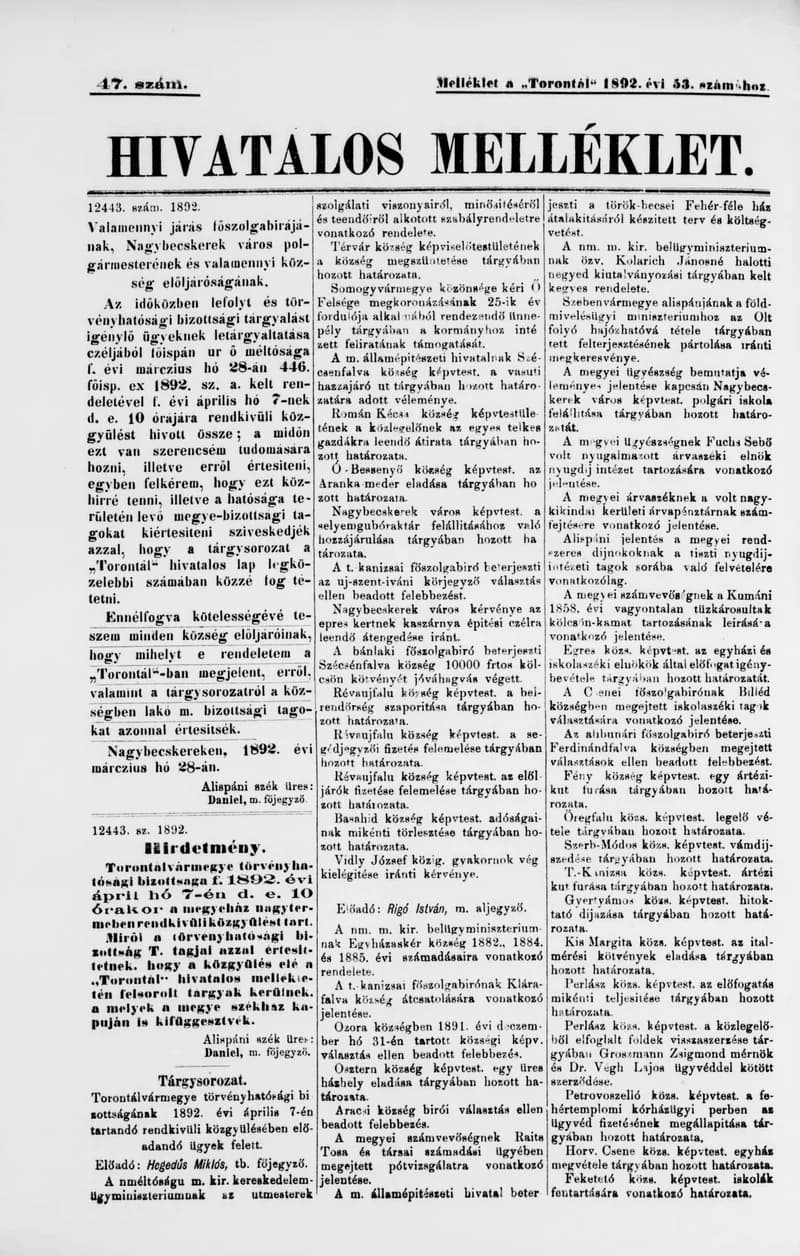 A Totontál  hivatalos melléklete, 5. évf. 1892. március 28. 47. sz.