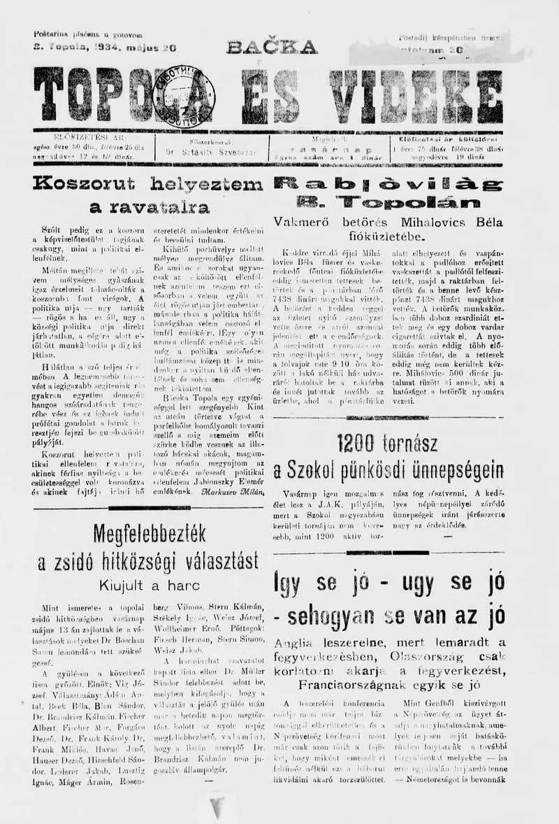 Bačka Topola és Vidéke, 11. évf. 1934. május 20. 20. sz.