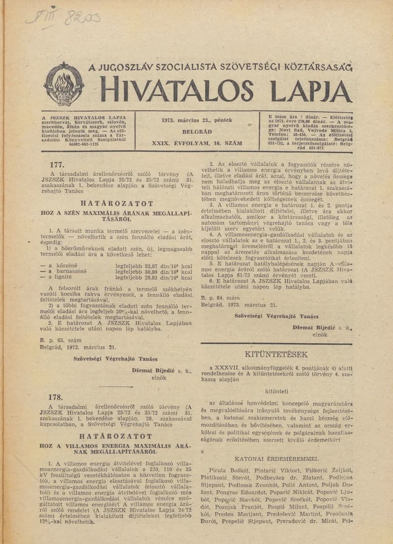 A Jugoszláv Szocialista Szövetségi Köztársaság Hivatalos Lapja, 29. évf. 1973. március 23. 16. sz. 497–535. oldal