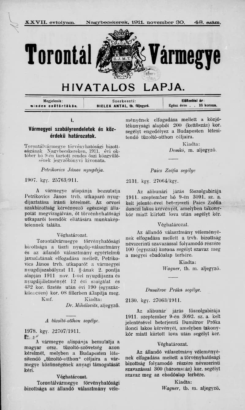 Torontál Vármegye Hivatalos Lapja, 27. évf. 1911. november 30. 48. sz.