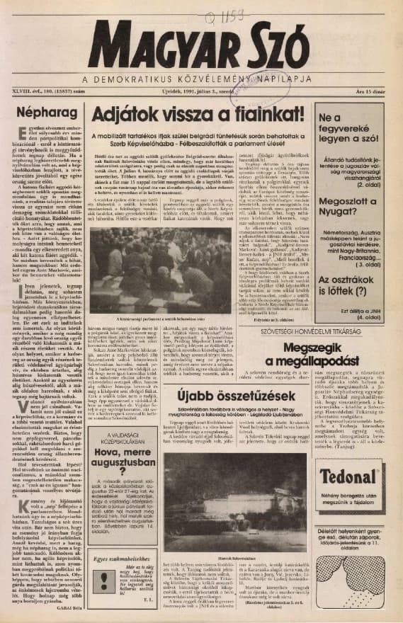 Magyar Szó, 48. évf. 1991. július 3. 180. sz. 1–20. oldal