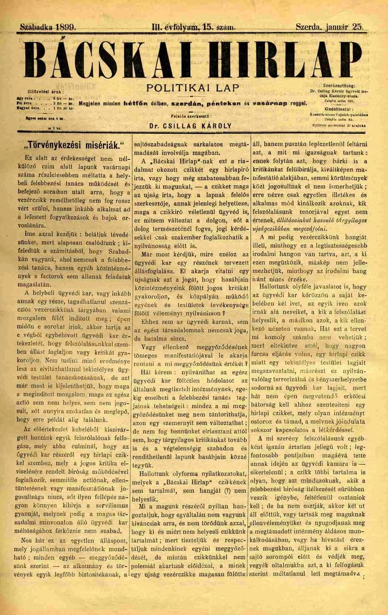 Bácskai Hirlap, 3. évf. 1899. január 25. 15. sz.