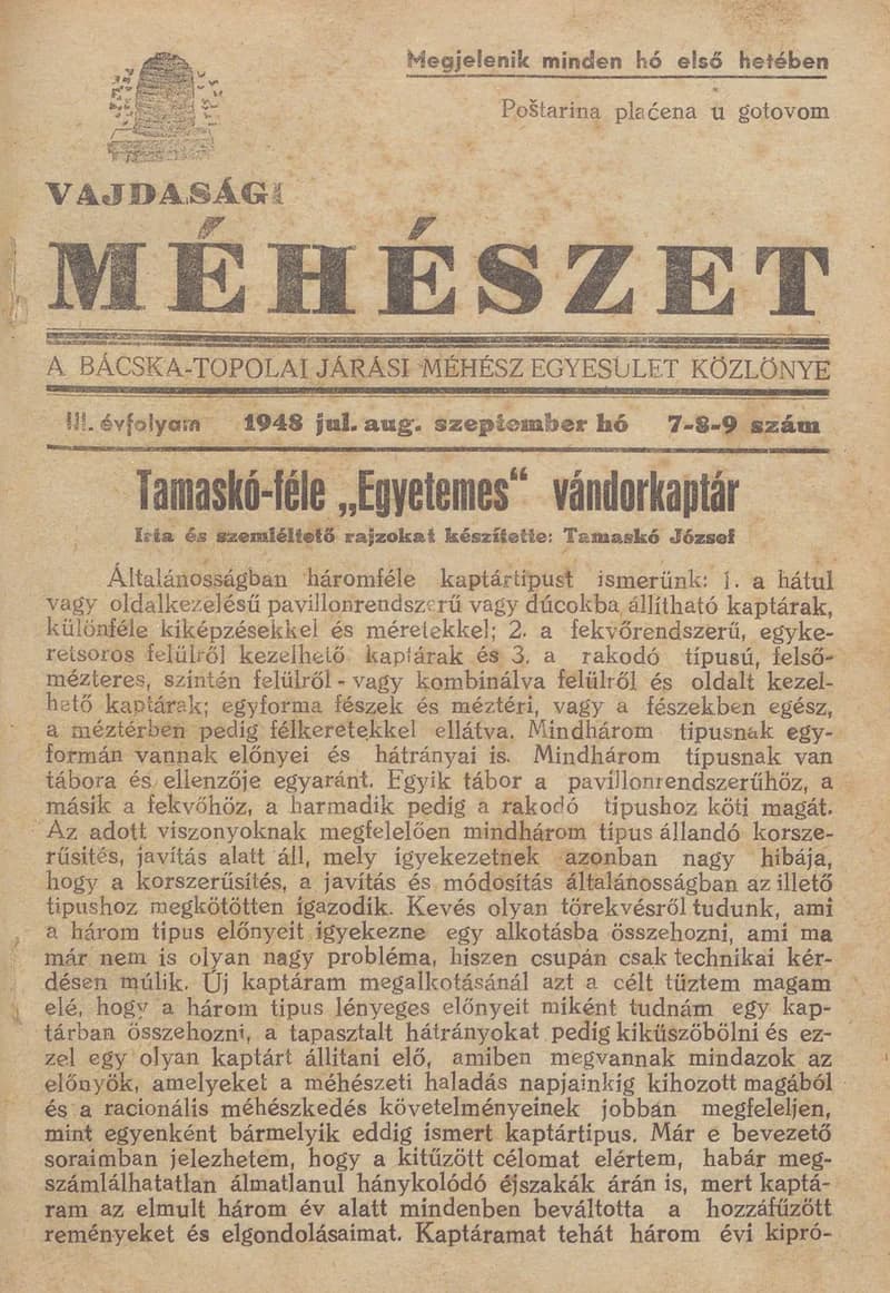Vajdasági méhészet Bácska Topolya, 3. évf. 1948. július 1. – szeptember 1. 7–9. sz.