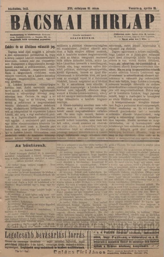 Bácskai Hirlap, 16. évf. 1912. április 21. 91. sz.