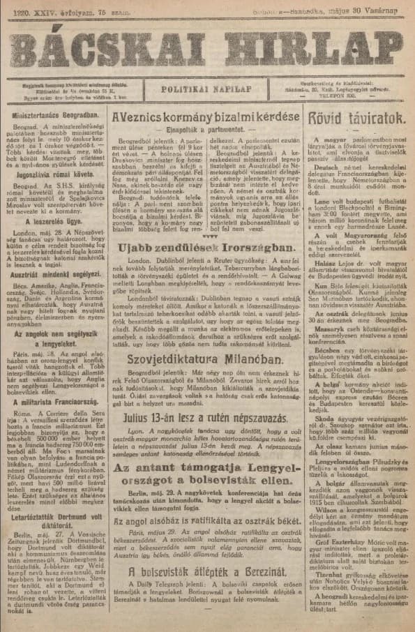 Bácskai Hirlap, 24. évf. 1920. május 30. 75. sz.