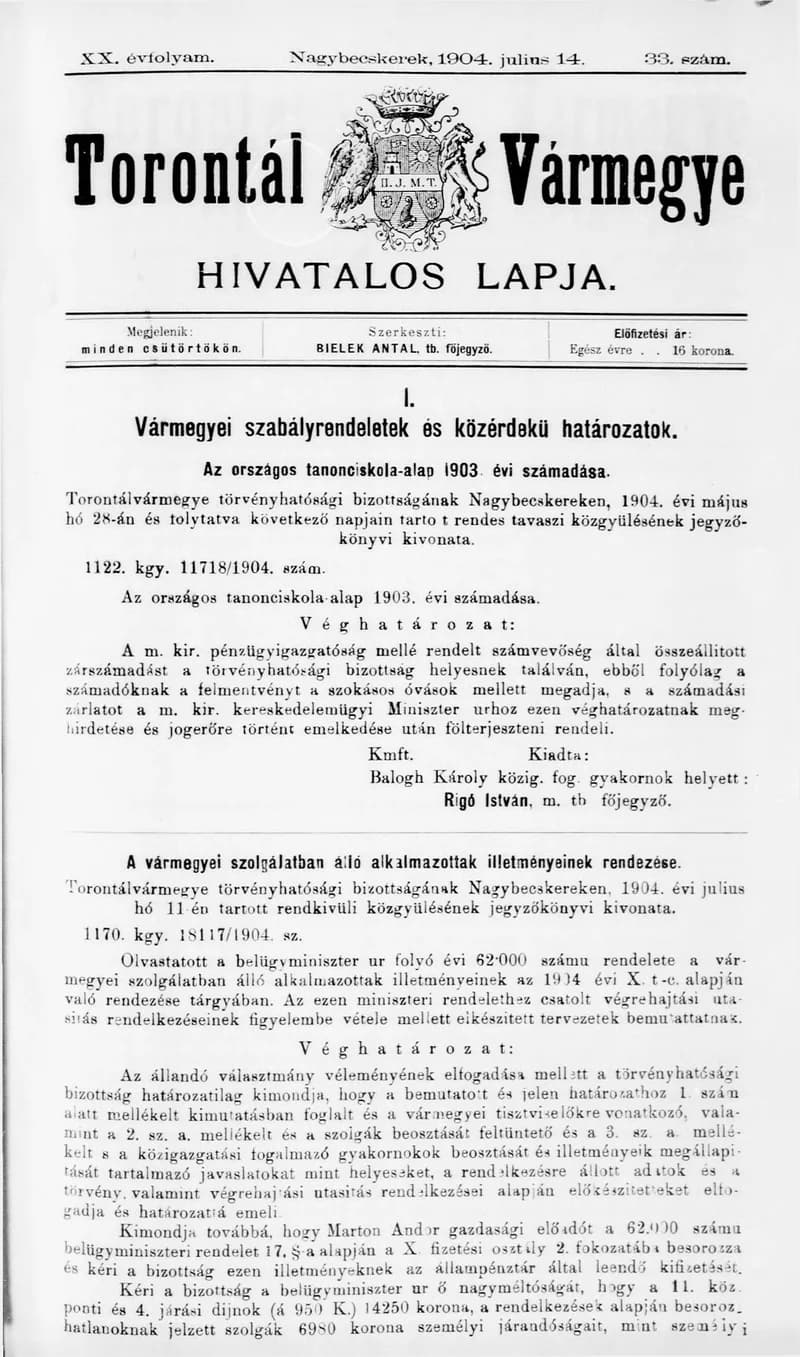Torontál Vármegye Hivatalos Lapja, 20. évf. 1904. július 14. 33. sz.