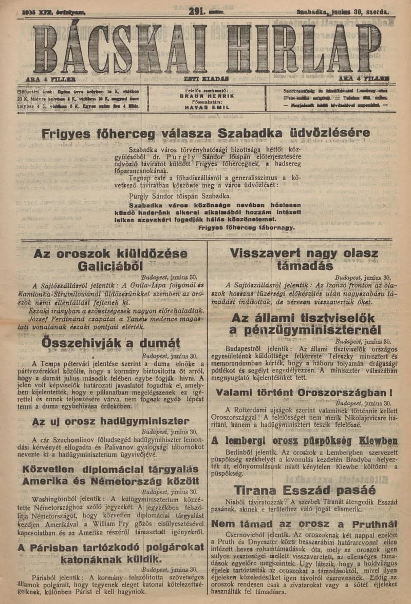 Bácskai Hirlap, 19. évf. 1915. június 30. 291. sz.