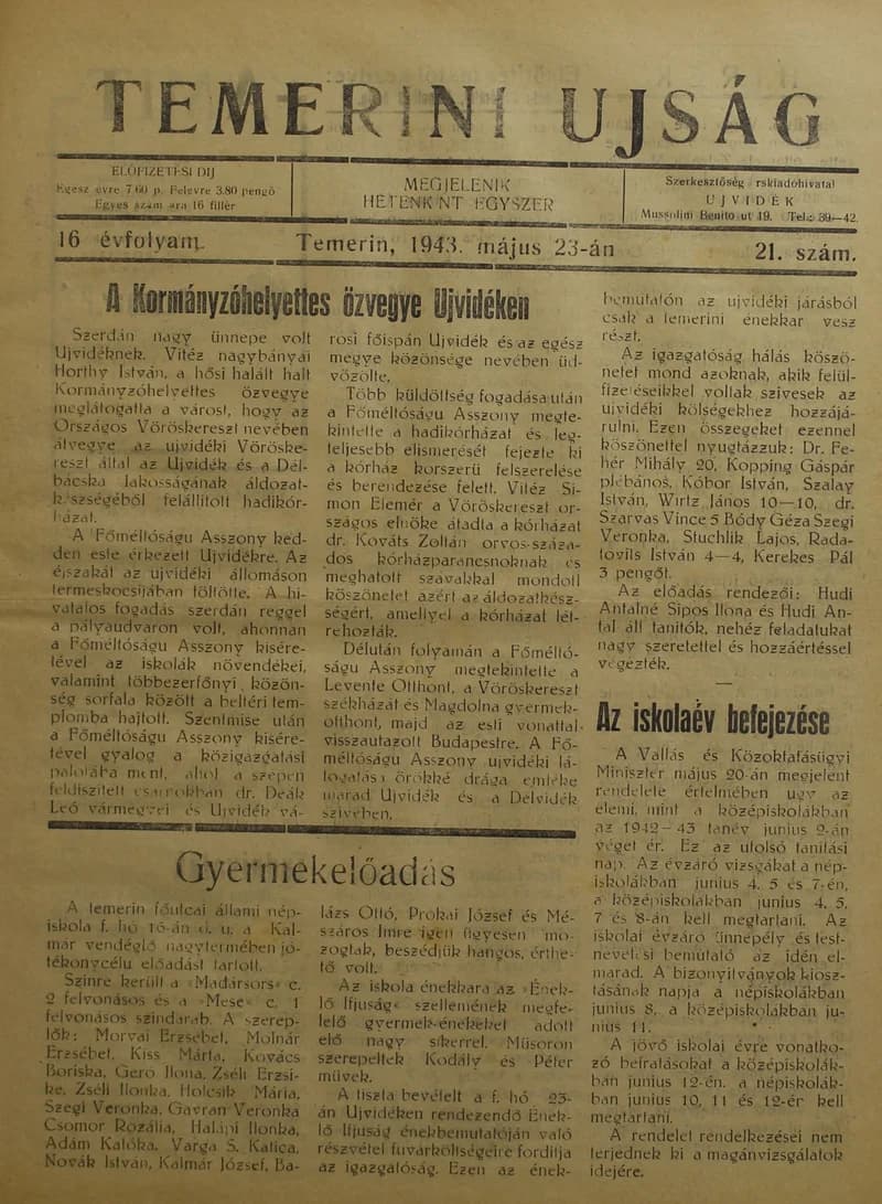 Temerini Újság 1928-1944, 16. évf. 1943. május 23. 21. sz.
