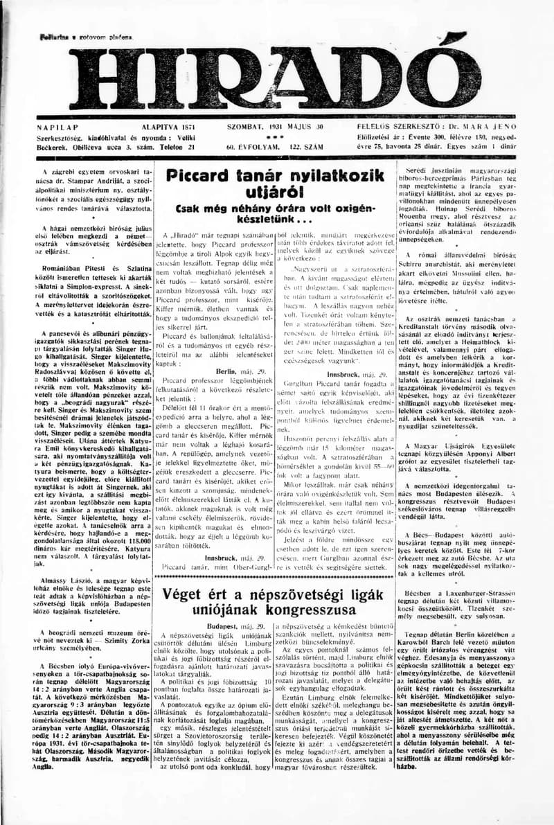 Híradó, 60. évf. 1931. május 30. 122. sz.