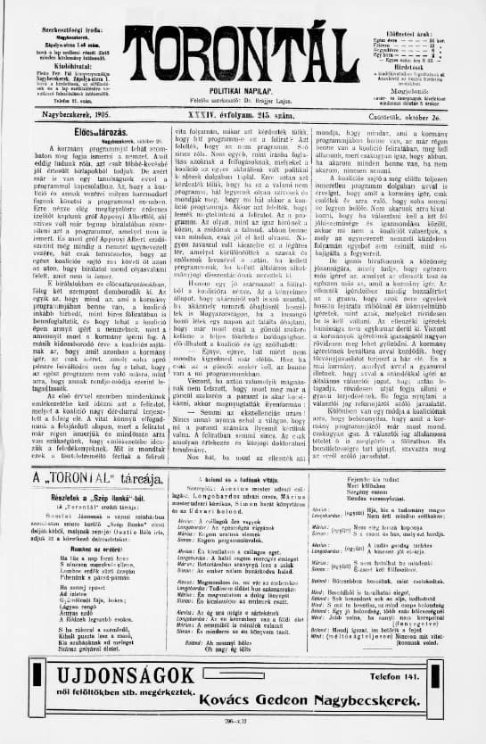 Torontál, 34. évf. 1905. október 26. 245. sz.
