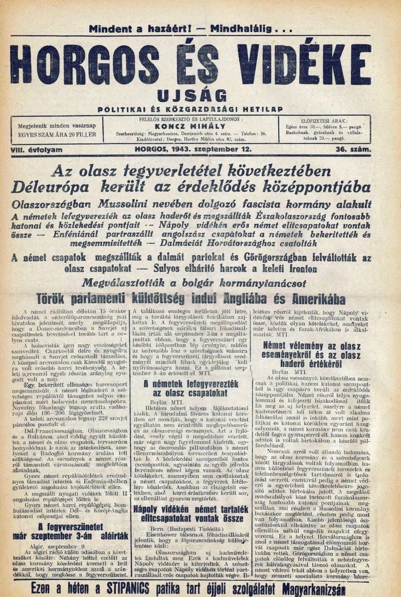 Horgos és vidéke, 8. évf. 1943. szeptember 12. 36. sz.