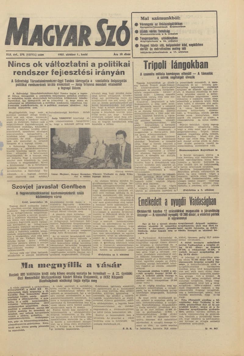 Magyar Szó, 42. évf. 1985. október 1. 270. sz. 1–20. oldal