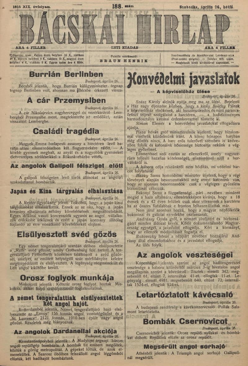 Bácskai Hirlap, 19. évf. 1915. április 26. 188. sz.
