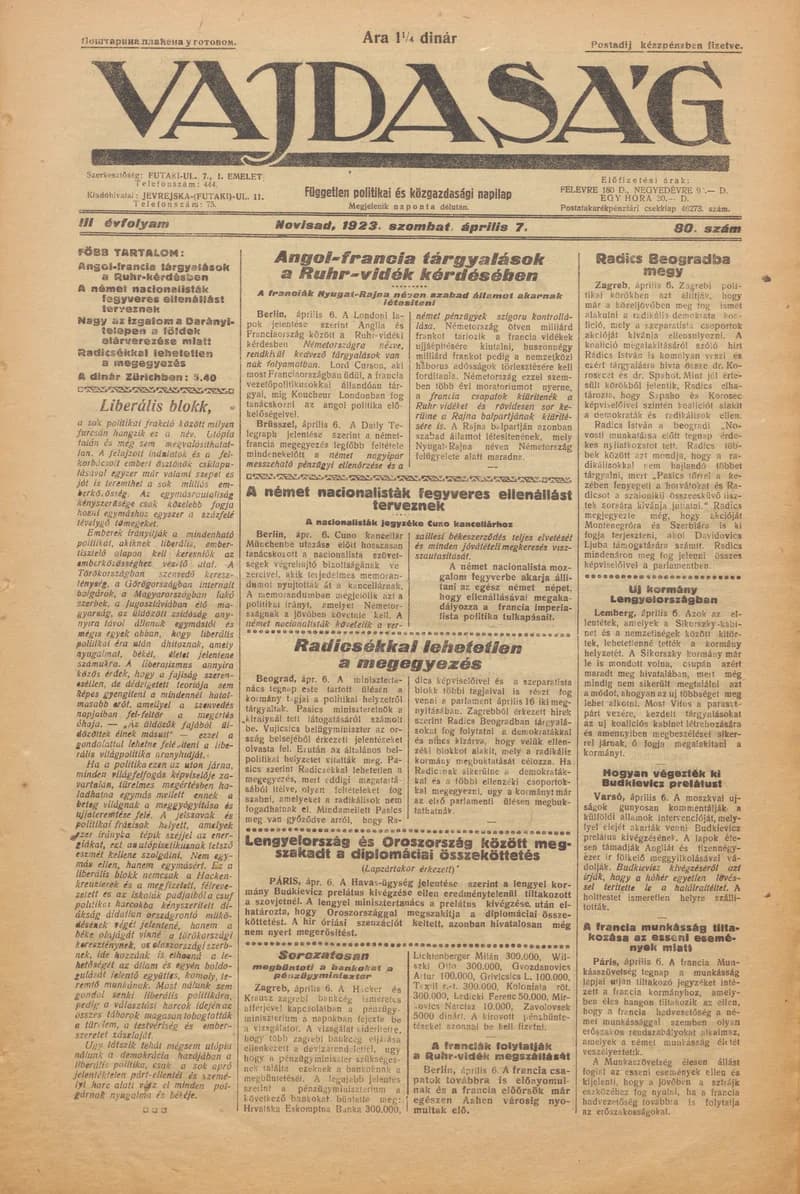 Vajdaság, 3. évf. 1923. április 7. 80. sz.