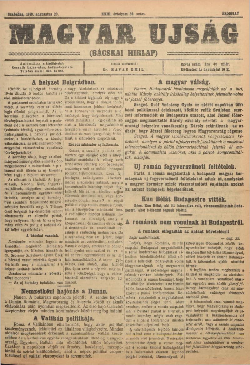 Bácskai Hirlap, 23. évf. 1919. augusztus 23. 59. sz.