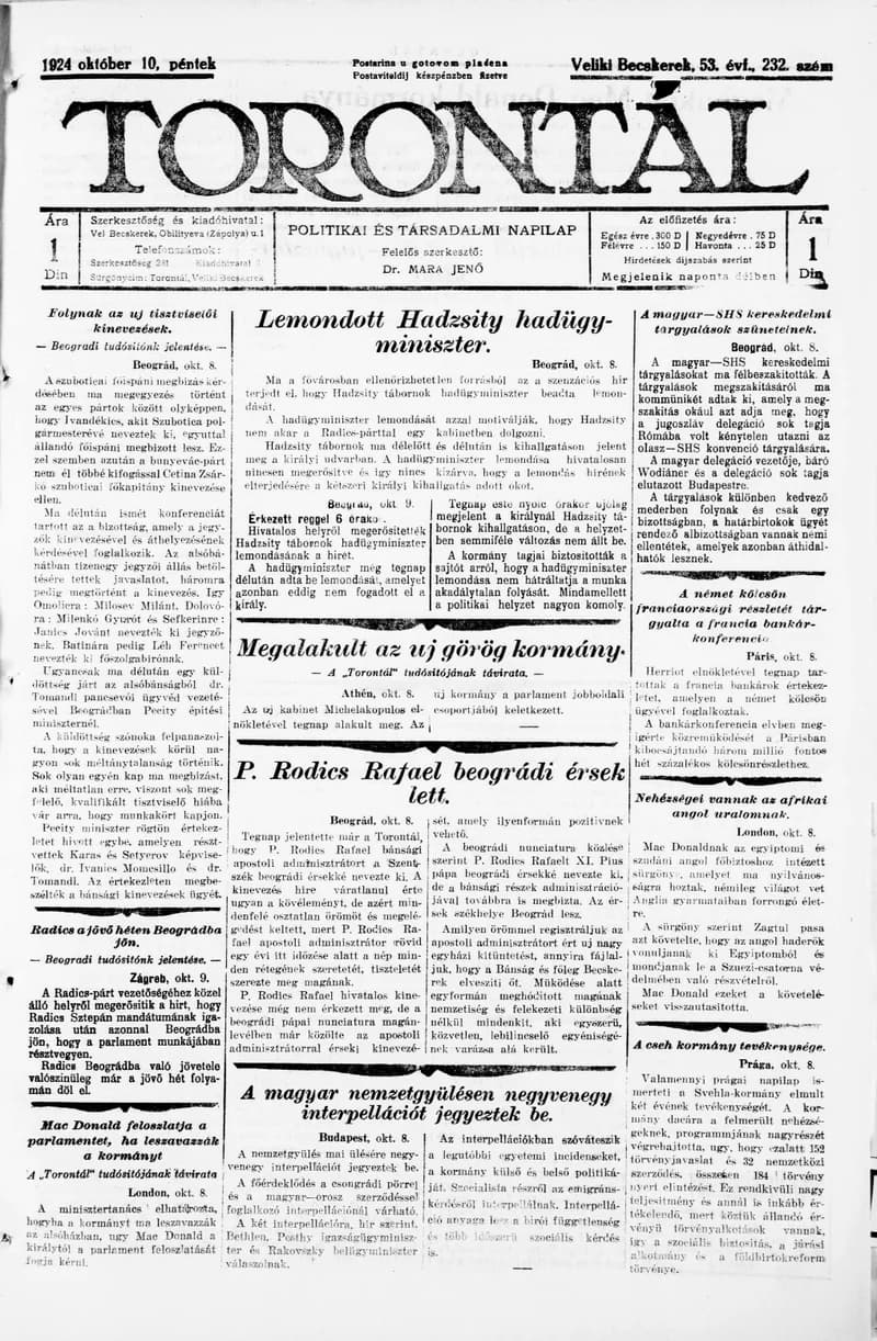 Torontál, 53. évf. 1924. október 10. 232. sz.