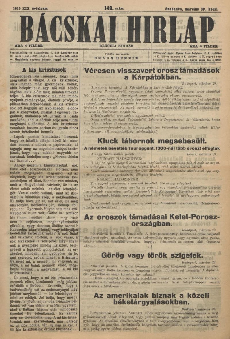 Bácskai Hirlap, 19. évf. 1915. március 30. 143. sz.