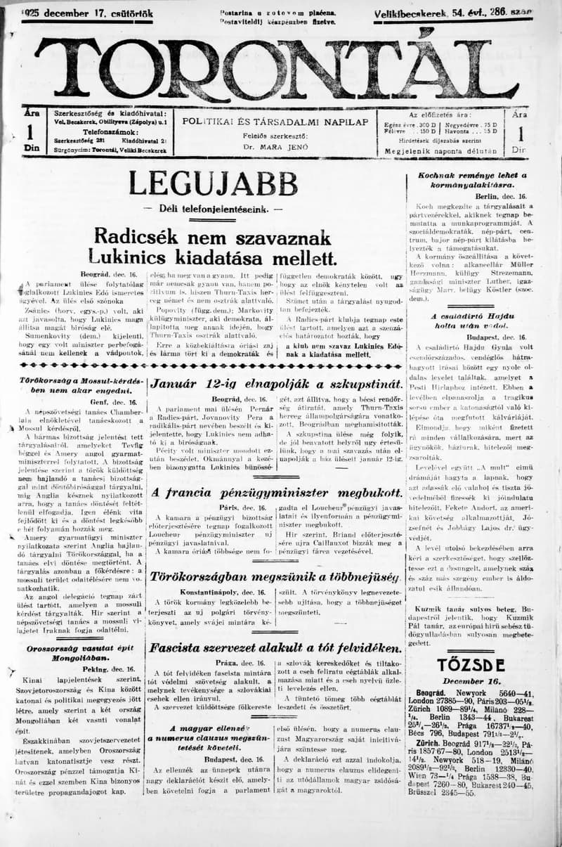 Torontál, 54. évf. 1925. december 17. 286. sz.