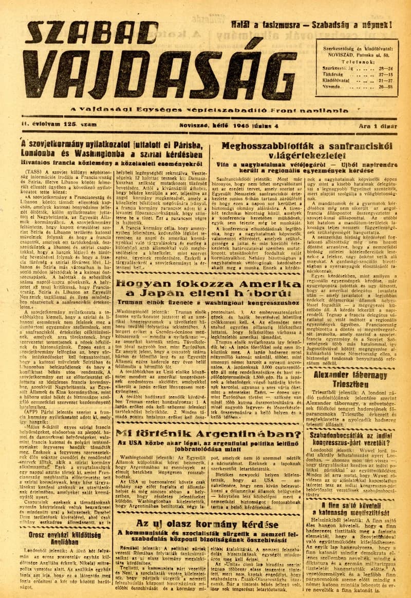 Szabad Vajdaság, 2. évf. 1945. június 4. 125. sz.