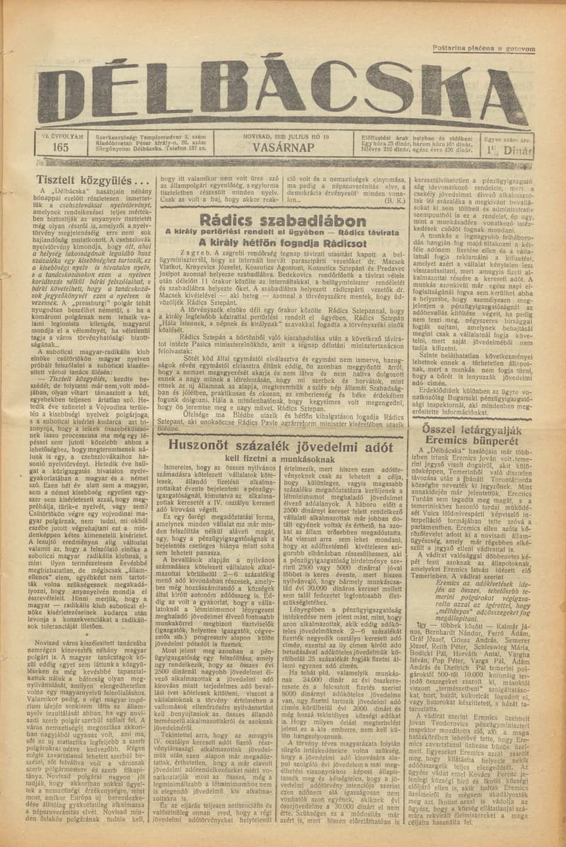 Délbácska, 6. évf. 1925. július 19. 165. sz.