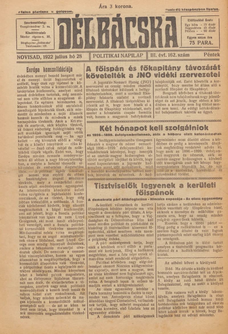 Délbácska, 3. évf. 1922. július 28. 162. sz.
