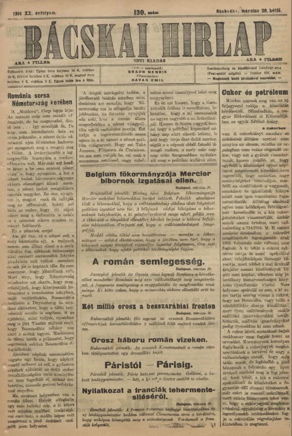 Bácskai Hirlap, 20. évf. 1916. március 20. 130. sz.