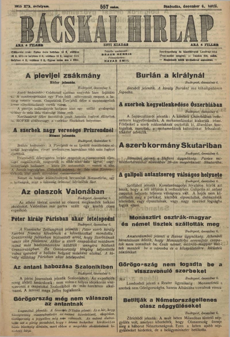 Bácskai Hirlap, 19. évf. 1915. december 6. 557. sz.