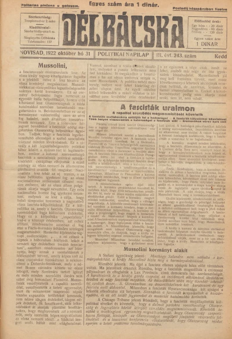 Délbácska, 3. évf. 1922. október 31. 243. sz.