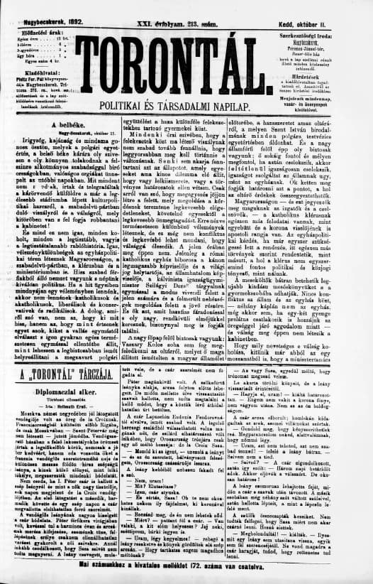 Torontál, 21. évf. 1892. október 11. 213. sz.