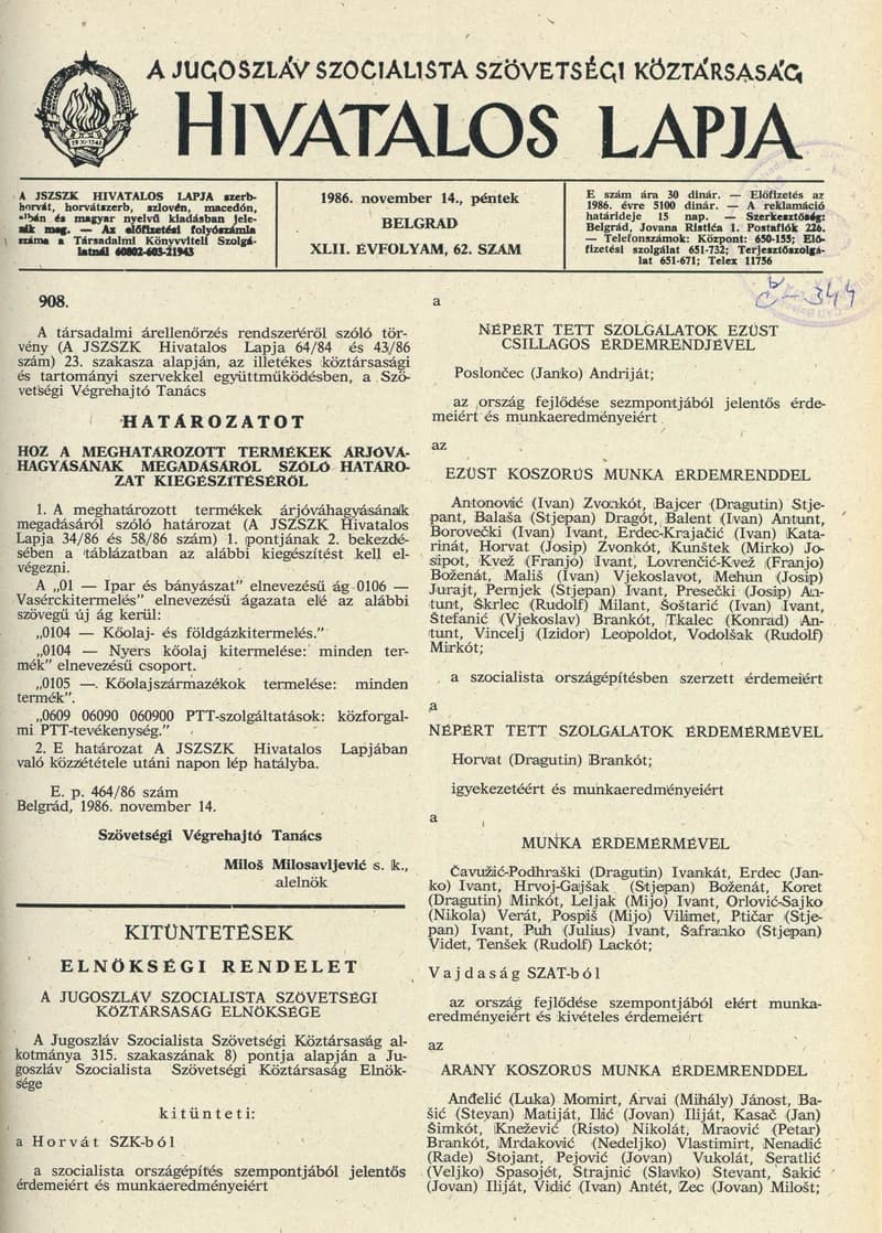 A Jugoszláv Szocialista Szövetségi Köztársaság Hivatalos Lapja, 42. évf. 1986. november 14. 62. sz. 1797–1800. oldal