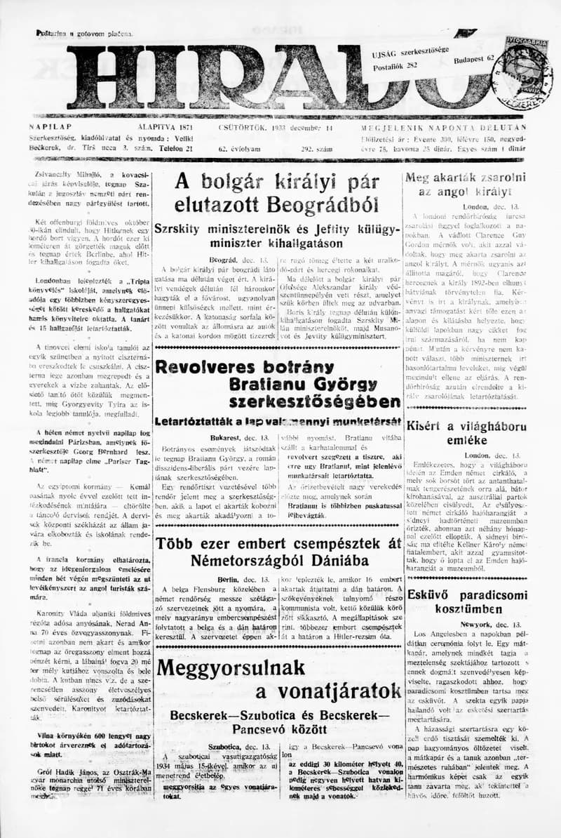 Híradó, 62. évf. 1933. december 14. 292. sz.