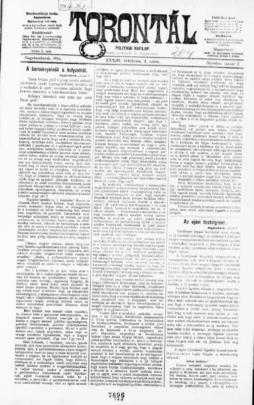 Torontál, 33. évf. 1904. január 2. 1. sz.