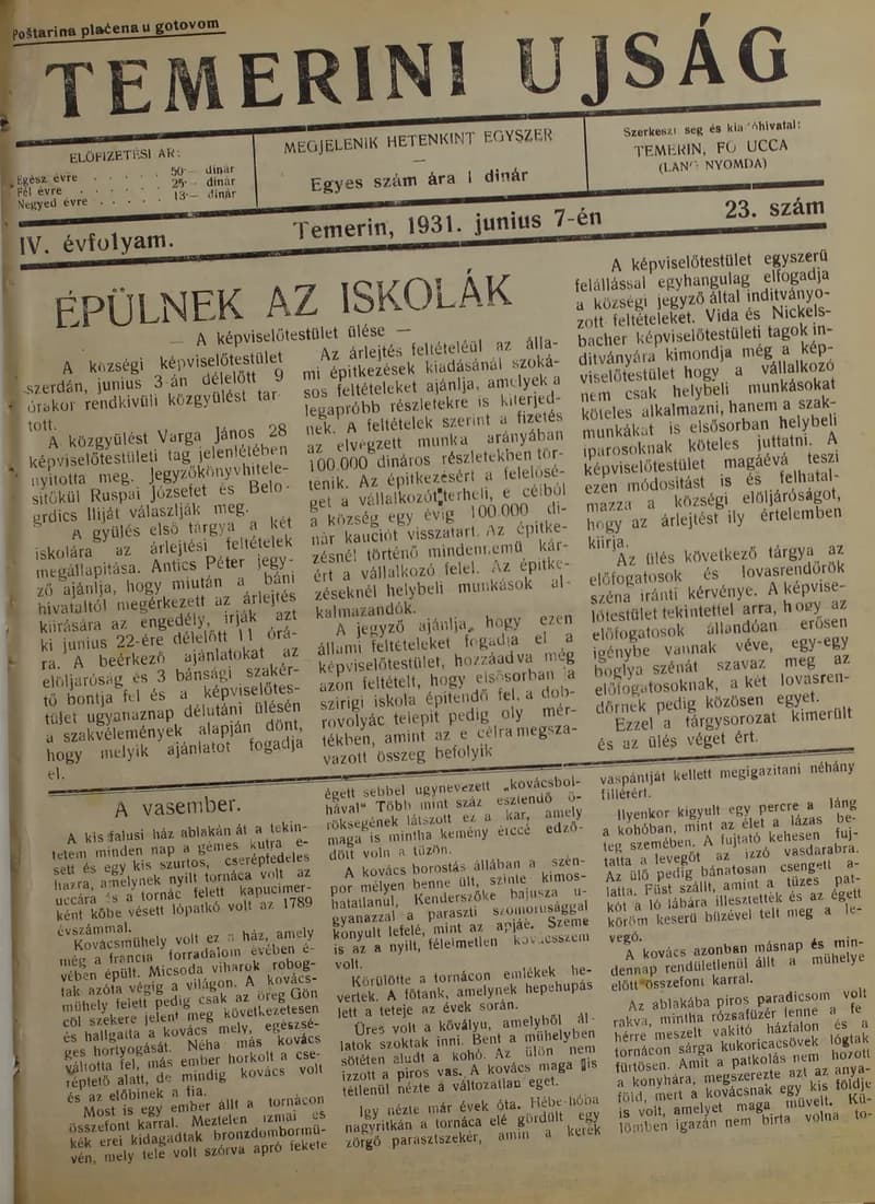 Temerini Újság 1928-1944, 4. évf. 1931. június 7. 23. sz.