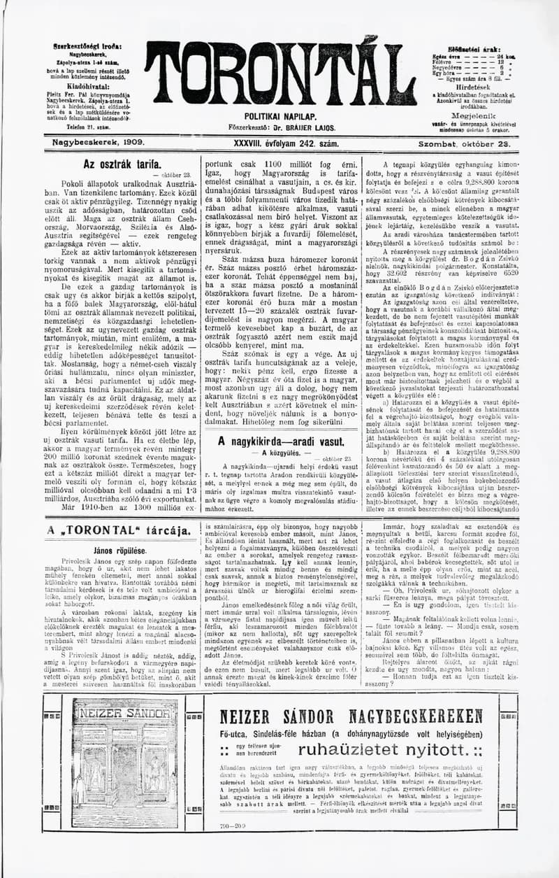 Torontál, 38. évf. 1909. október 23. 242. sz.