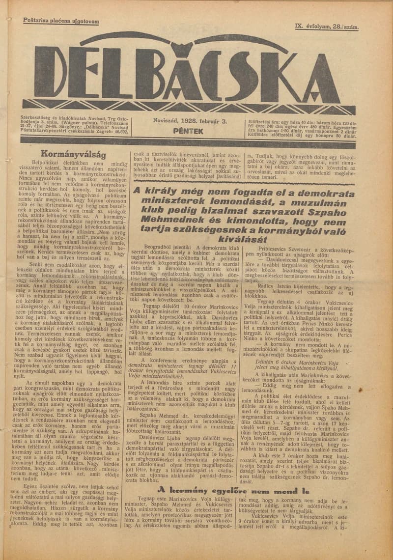 Délbácska, 9. évf. 1928. február 3. 28. sz.
