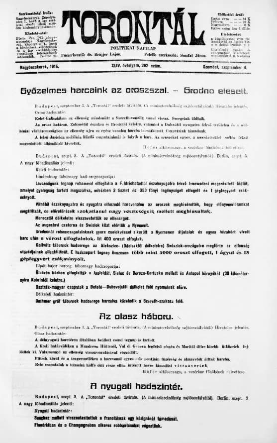 Torontál, 44. évf. 1915. szeptember 4. 202. sz.