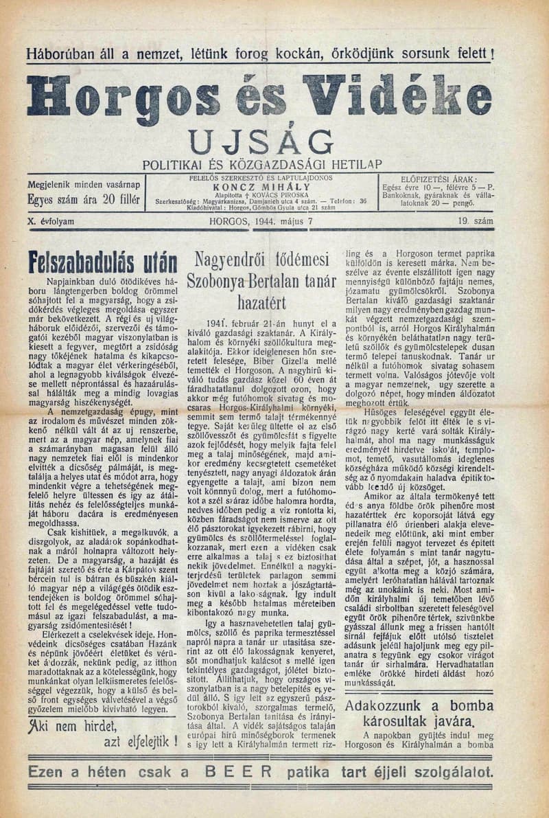 Horgos és vidéke, 9. évf. 1944. május 7. 19. sz.