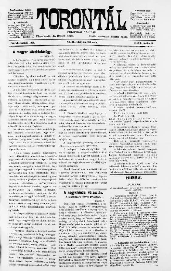 Torontál, 43. évf. 1914. május 8. 104. sz.