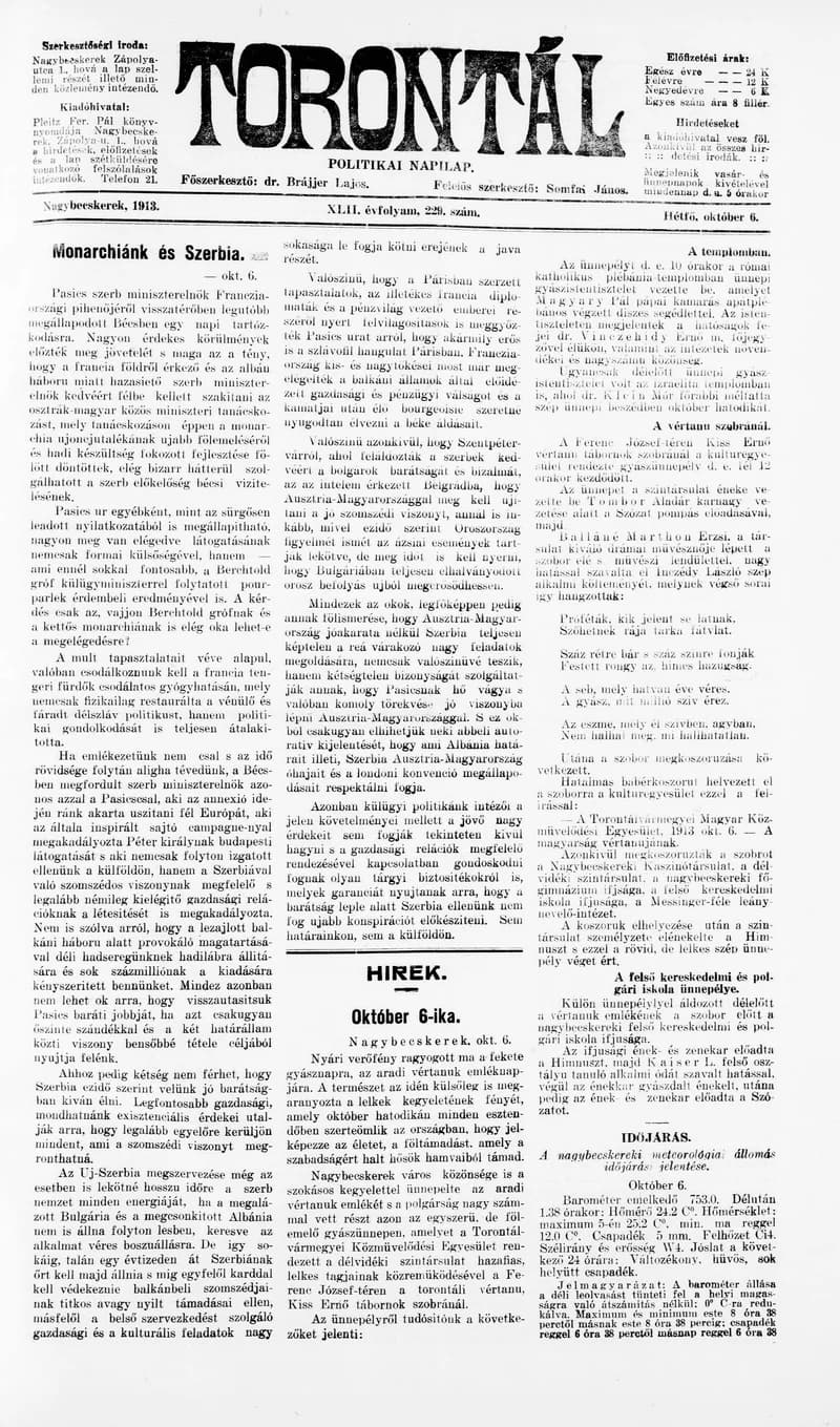 Torontál, 42. évf. 1913. október 6. 229. sz.