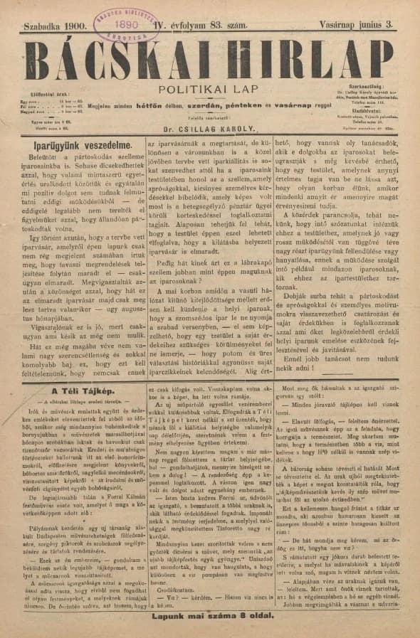 Bácskai Hirlap, 4. évf. 1900. június 3. 83. sz.