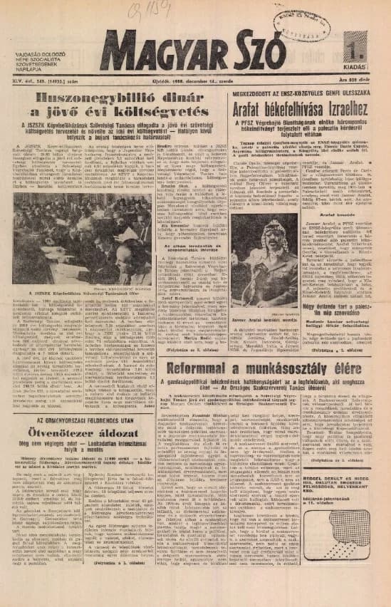 Magyar Szó, 45. évf. 1988. december 14. 343. sz.
