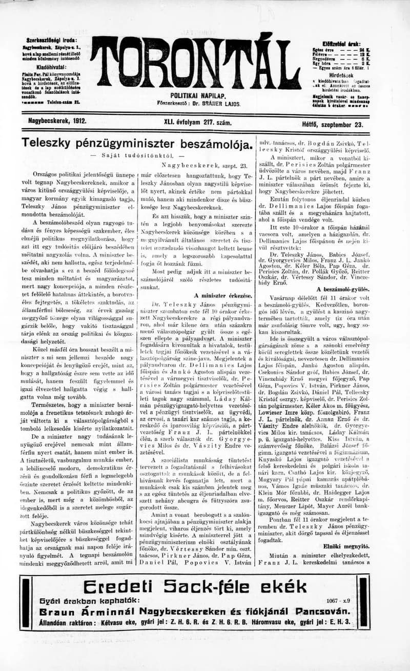 Torontál, 41. évf. 1912. szeptember 23. 217. sz.