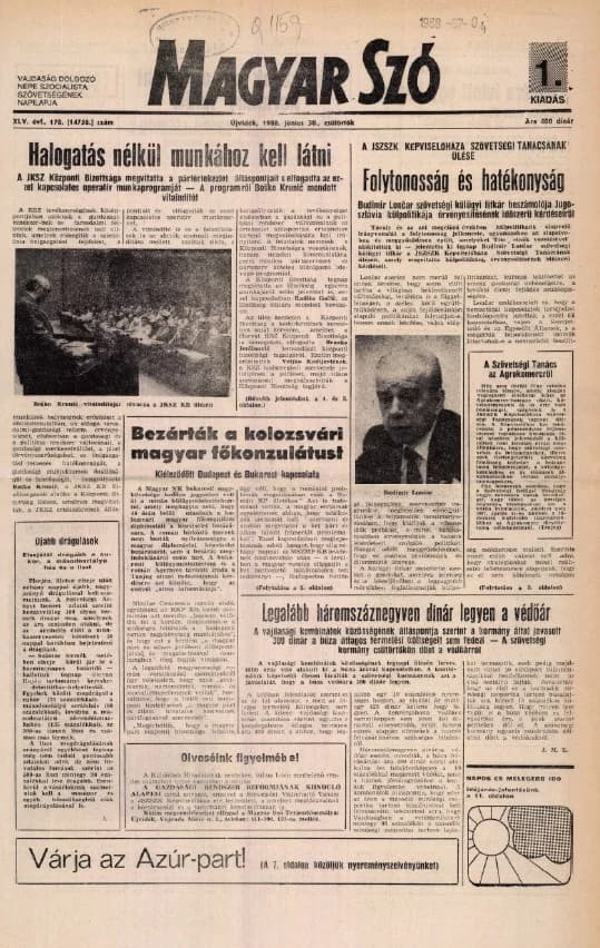 Magyar Szó, 45. évf. 1988. június 30. 178. sz. 1–16. oldal