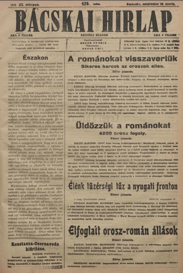 Bácskai Hirlap, 20. évf. 1916. szeptember 20. 429. sz.