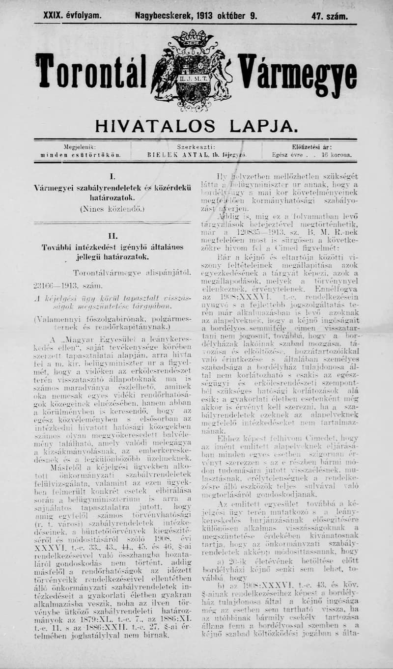 Torontál Vármegye Hivatalos Lapja, 29. évf. 1913. október 9. 47. sz.
